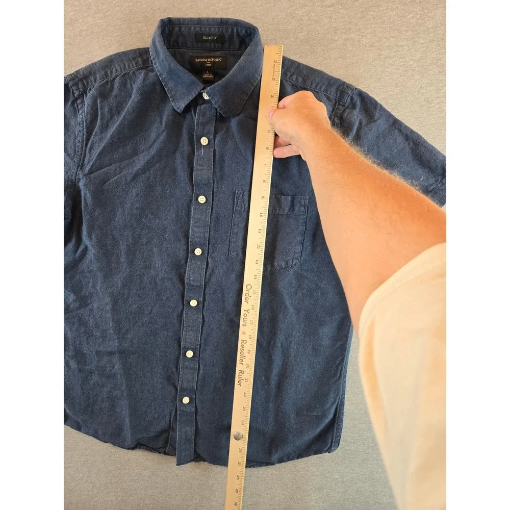 Banana Republic Button Down Shirt Mens Large Navy Blue Slim Fit Linen Cotton